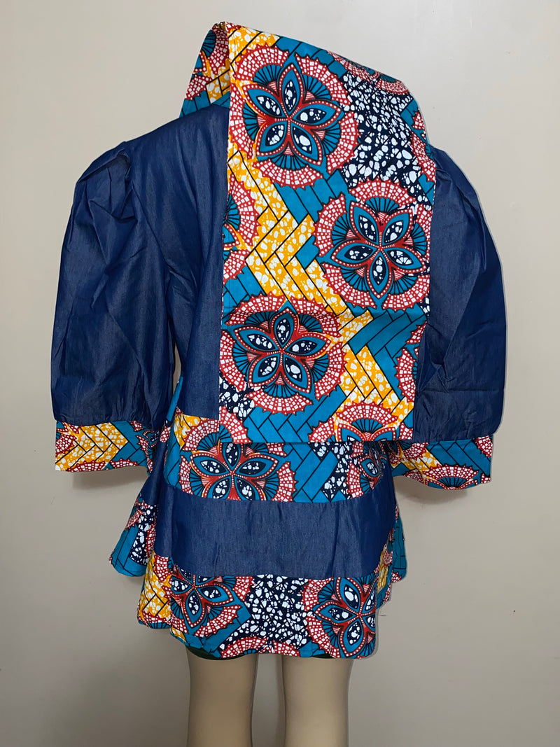 Coat - Reshi Denim and Ankara peplum zip front jacket - Afrocentric Boutique