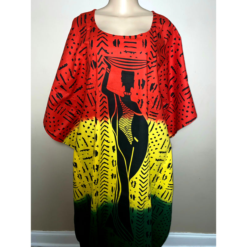 Kaftan- Rasta - African Lady on Mud cloth Print with Matching Head Wrap