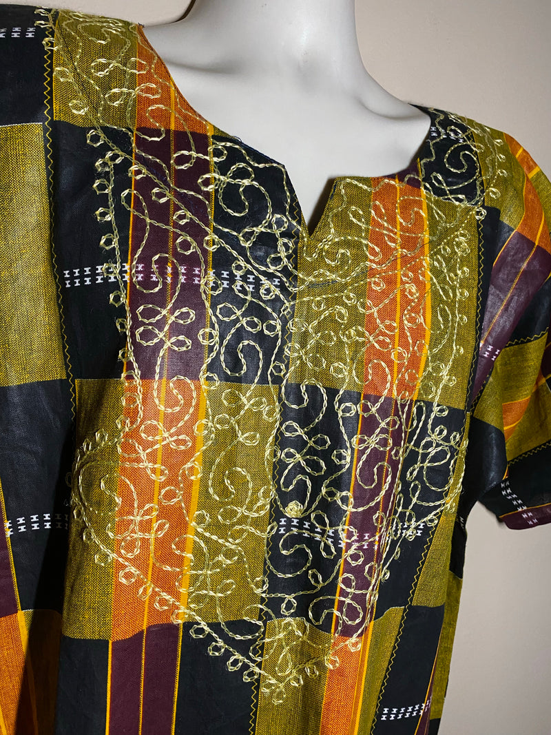 Men’s Top- Kente Block Print Short sleeve with gold embroidery - Afrocentric Boutique
