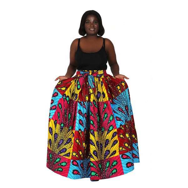 Maxi Skirt - Rainbow Peacock - Ankara African print Maxi Skirt with matching headwrap