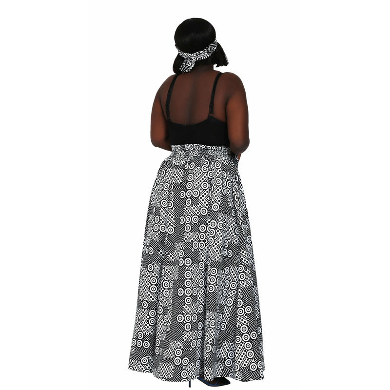 Maxi Skirt -Black, white and circles Maxi Skirt with matching headwrap