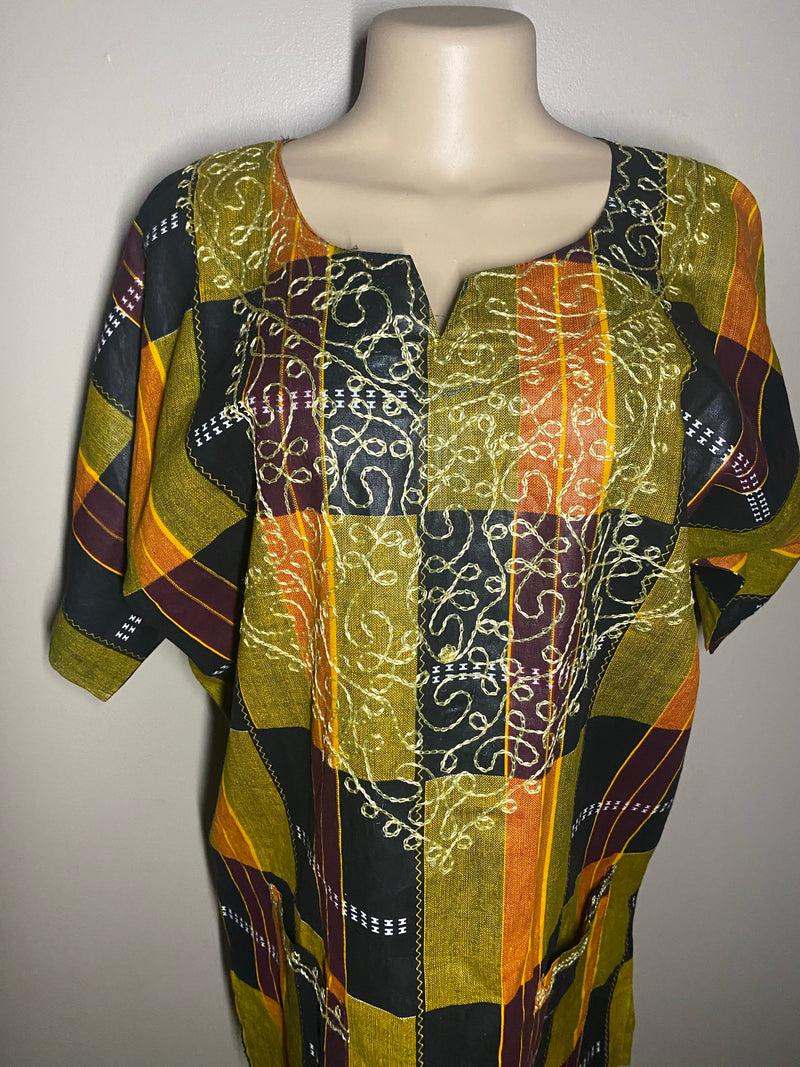 Men’s Top- Kente Block Print Short sleeve with gold embroidery - Afrocentric Boutique