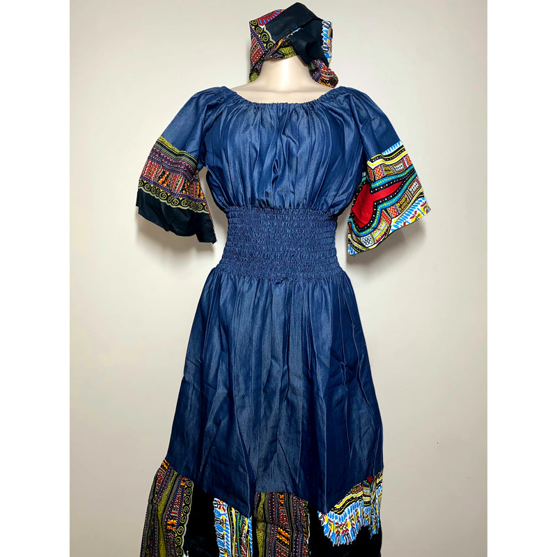 Dress Maxi- Denim and Dashiki Ruffle bottom Maxi Dress with matching head wrap