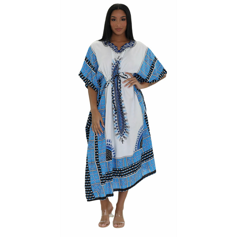 Kaftan- Traditional Dashiki Print draw string Kaftan with Matching Head Wrap