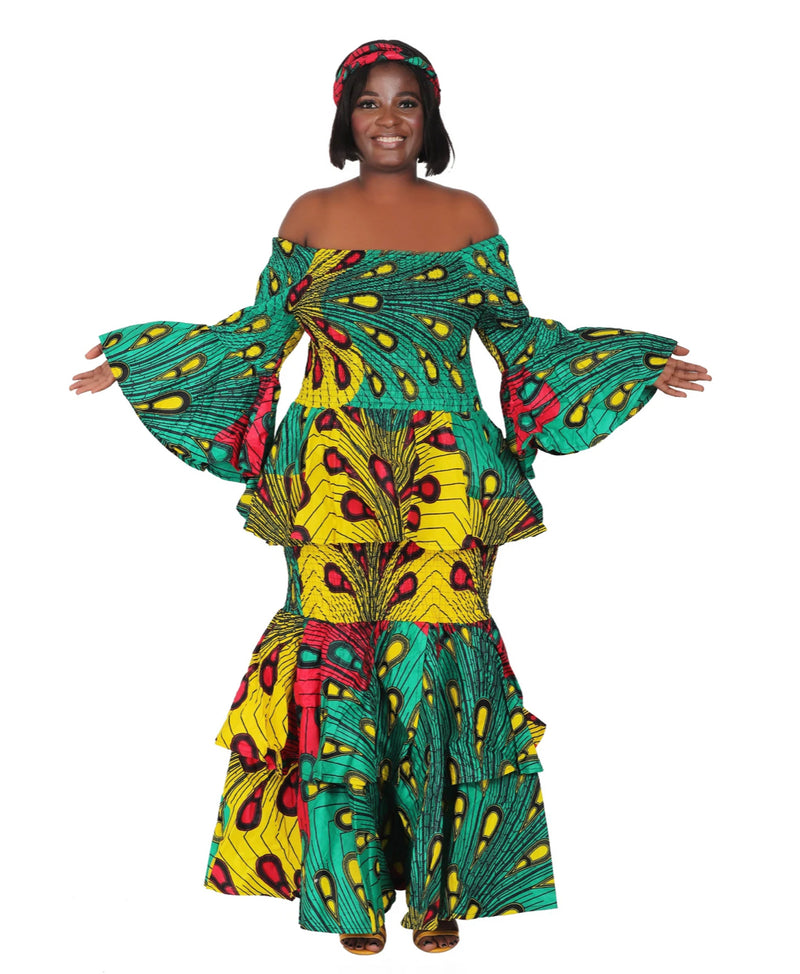 Dress Skirt Set - Belle Sleeve Ankara Skirt Set with head wrap