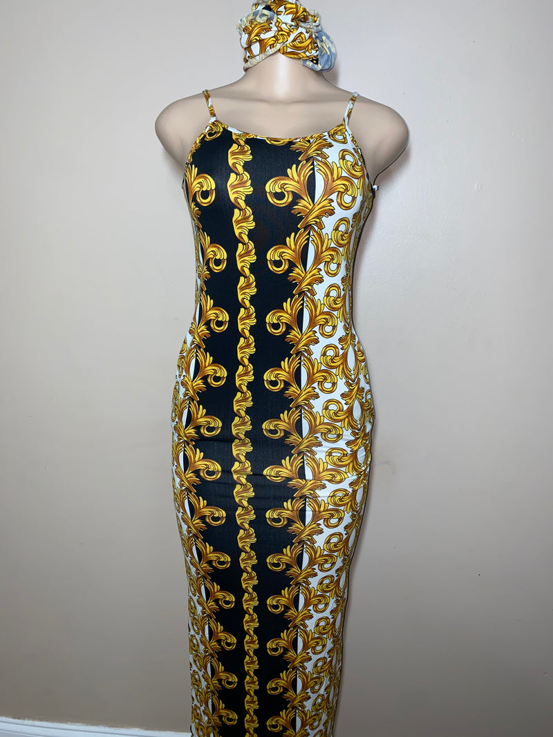 Dress- Bodycon- Golden Frills Maxi Dress with Head wrap
