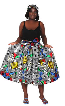 Midi Skirt- Tribal Art work- Ankara African print Midi Skirt with matching headwrap