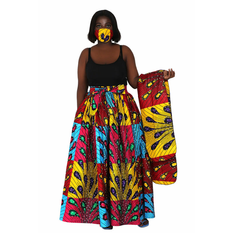 Maxi Skirt - Rainbow Peacock - Ankara African print Maxi Skirt with matching headwrap
