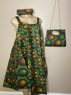 Dress Ankara - African Print Loose Fit umbrella Dress with Matching Headwrap and Purse - Afrocentric Boutique