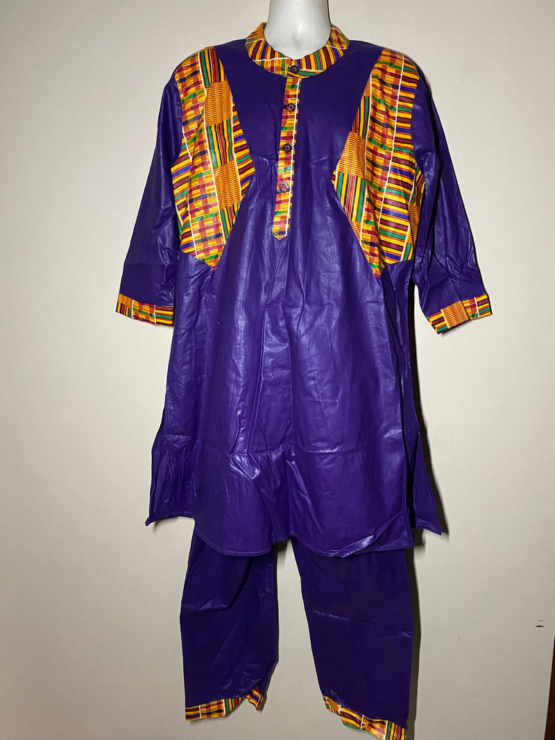 Men’s Set 4445- Kente trimmed 3pc Kurta top Set with Kufi - Afrocentric Boutique