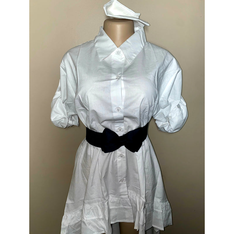 Dress Hi/Lo - All White Hi/Low Shirt Dress with matching head wrap/Waist Tie