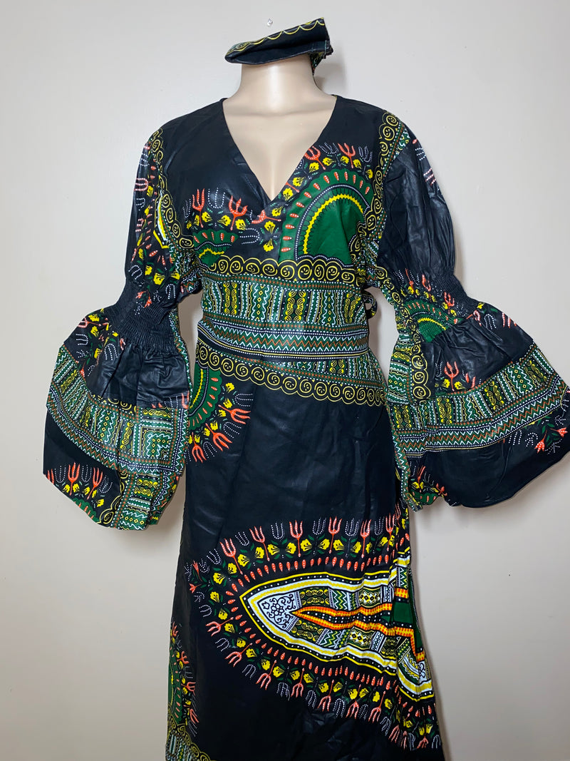 Dress Ankara - Ruffled Sleeve Dashiki print Maxi Wrap dress with matching Head Wrap