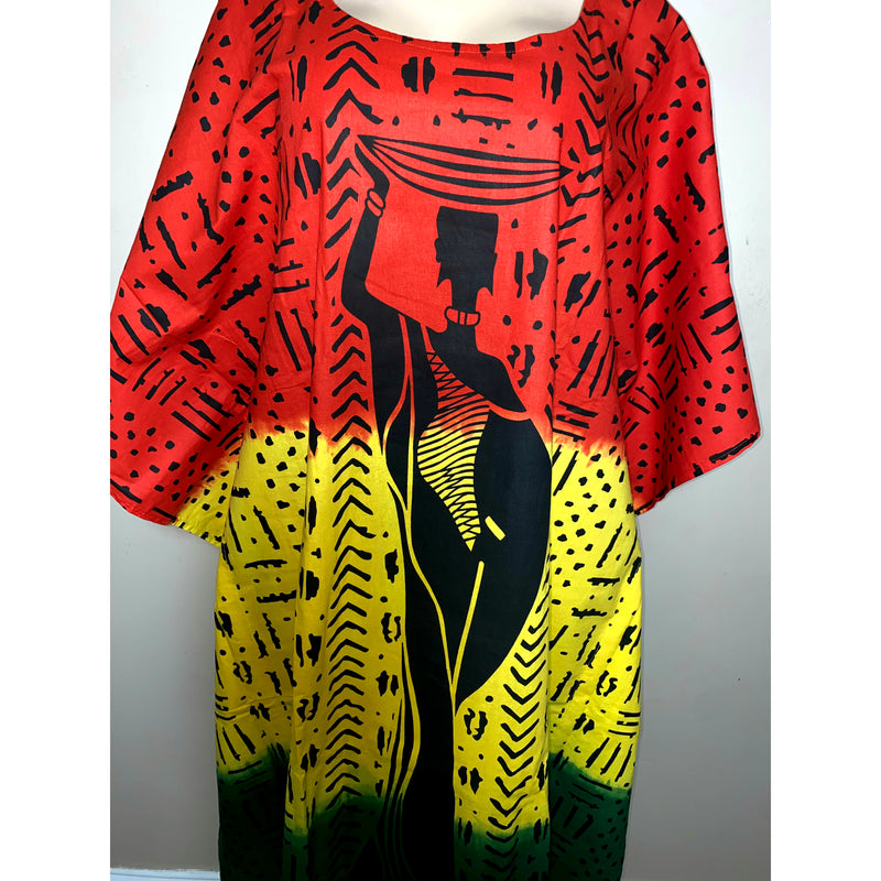 Kaftan- Rasta - African Lady on Mud cloth Print with Matching Head Wrap