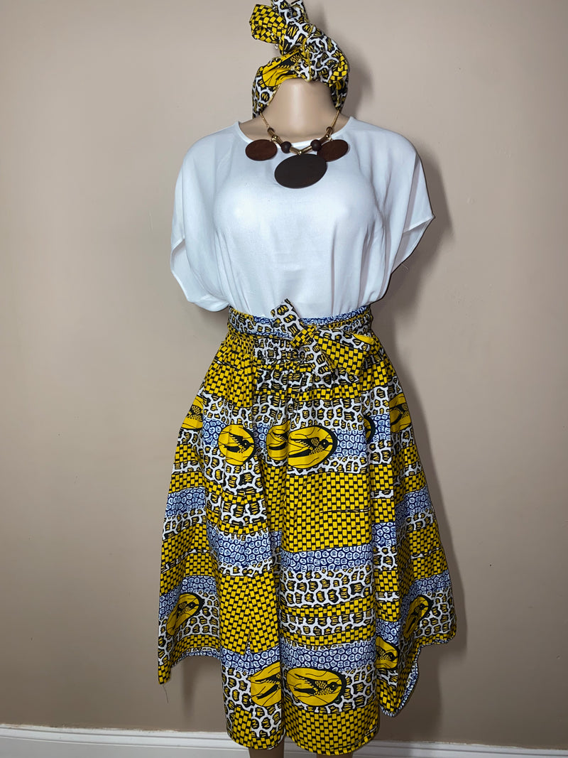Midi Skirt- The Casual Cute Collection #6001- Ankara African print Midi Skirt with matching headwrap