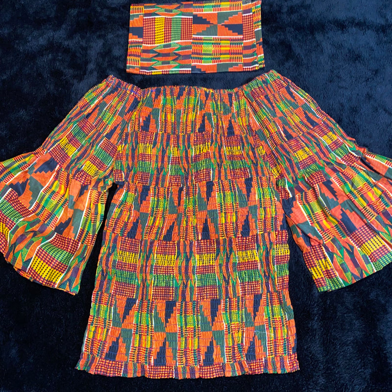 Shirt/Top- Kente Scrunch top with Ruffle Sleeves and matching head wrap