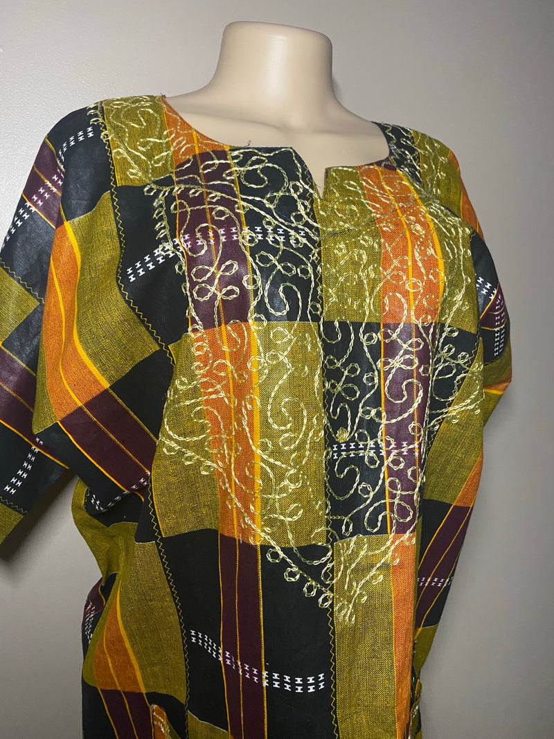 Men’s Top- Kente Block Print Short sleeve with gold embroidery - Afrocentric Boutique