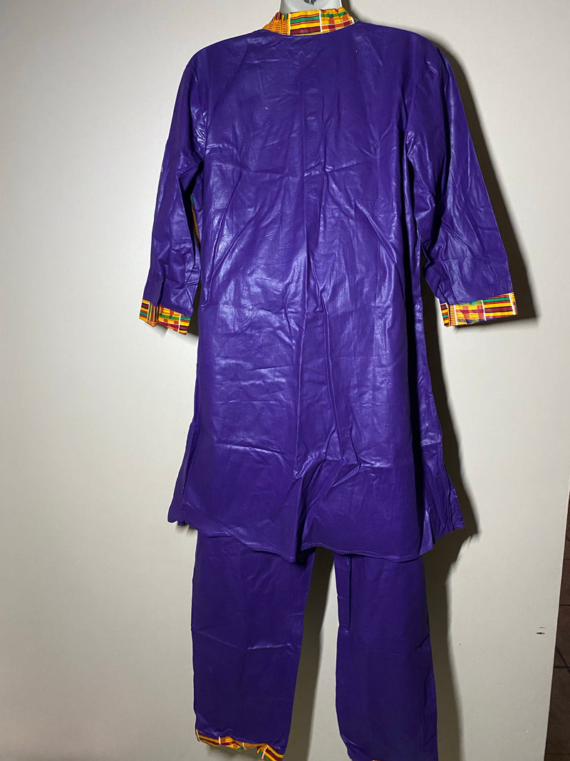 Men’s Set 4445- Kente trimmed 3pc Kurta top Set with Kufi - Afrocentric Boutique
