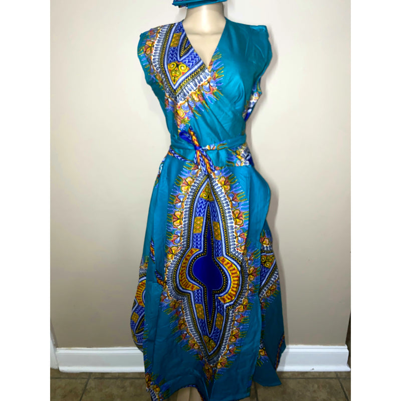 Wrap Dress - Dashiki Print Sleeveless Wrap Dress with matching Head Wraps