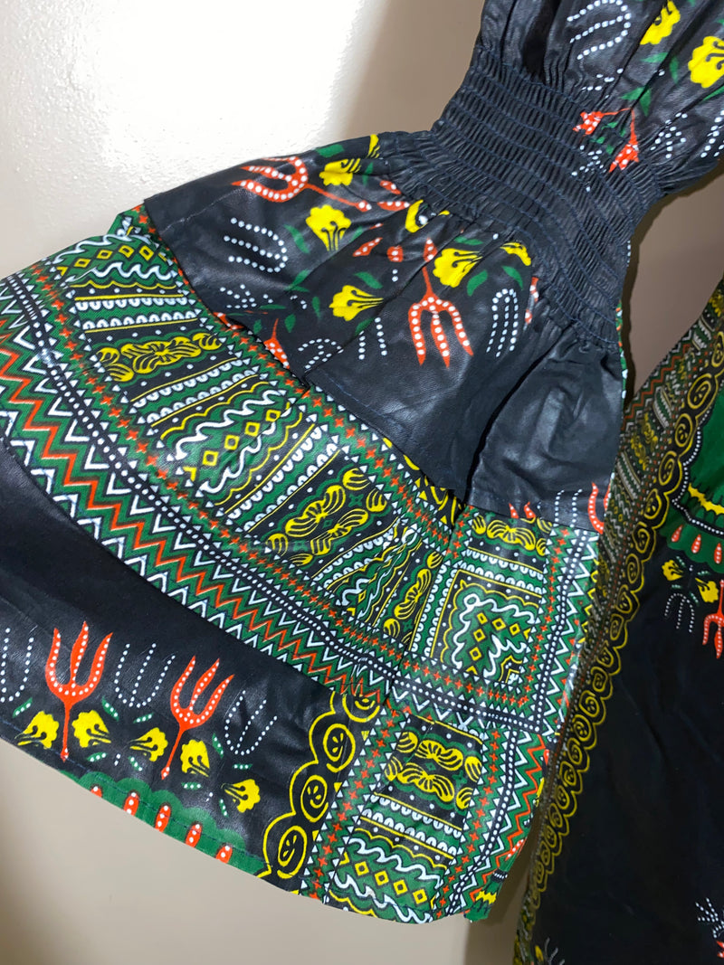 Dress Ankara - Ruffled Sleeve Dashiki print Maxi Wrap dress with matching Head Wrap