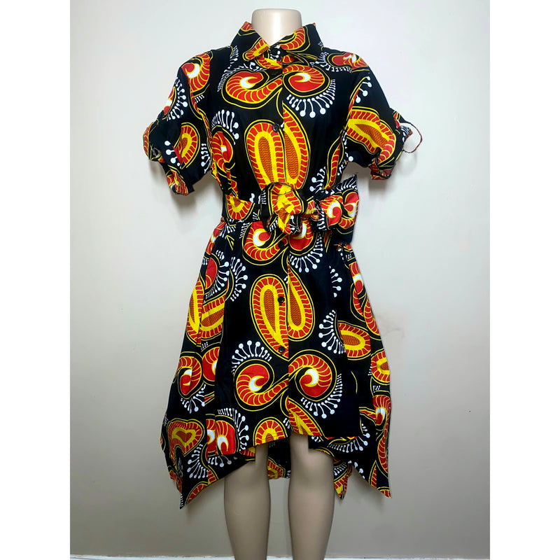 Dress Hi/Lo - Ankara Hi/Low Shirt Dress with matching head wrap/Waist Tie