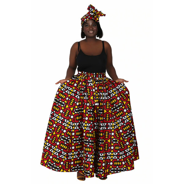 Maxi Skirt - Red colored Block print- Ankara African print Maxi Skirt with matching headwrap