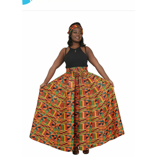 Maxi Skirt - Kente Dark Print Maxi Skirt with matching head wrap