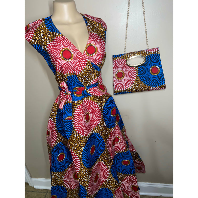 Wrap Dress - African print Wrap dress with matching head wraps and purse