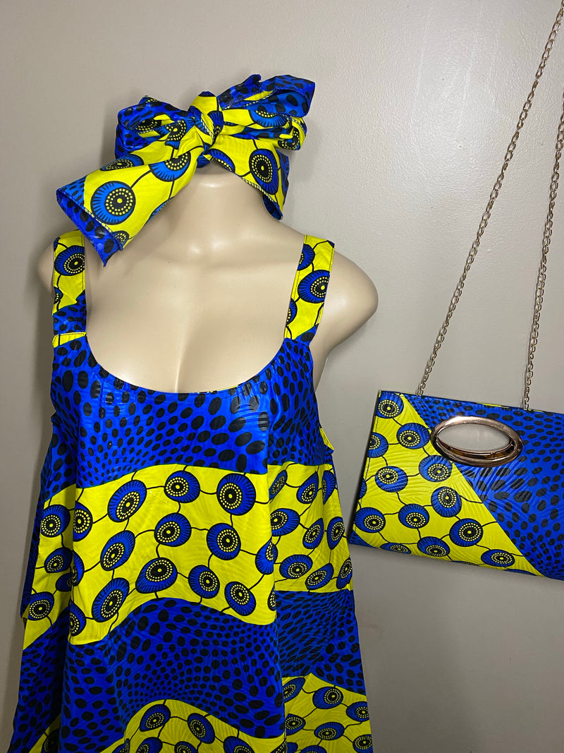 Dress Ankara - African Print Loose Fit umbrella Dress with Matching Headwrap and Purse - Afrocentric Boutique