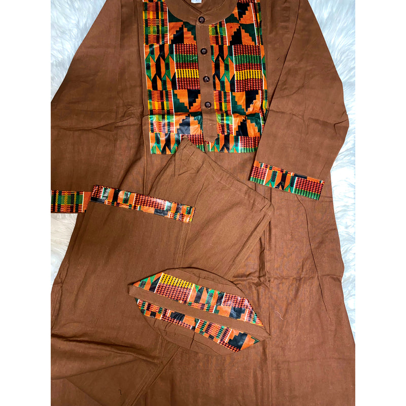 Men's Set- m4444 African walking suit with Kurta Top and Kente Inlay and Trim- 3pc Set