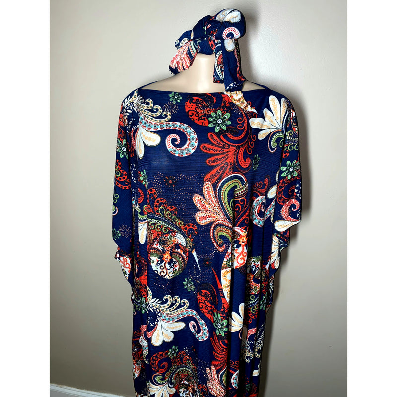 Kaftan - Flowy Embellished Kaftan with Matching Head Wrap- Plus/Tall