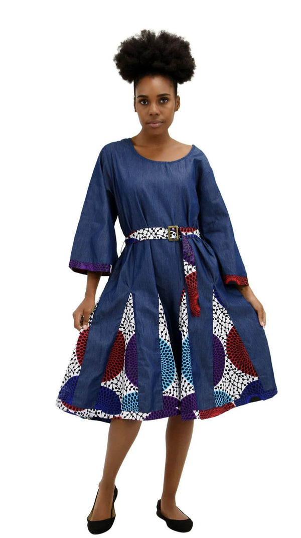 Dress Ankara - Denim and Ankara Dress with belt and matching head wrap