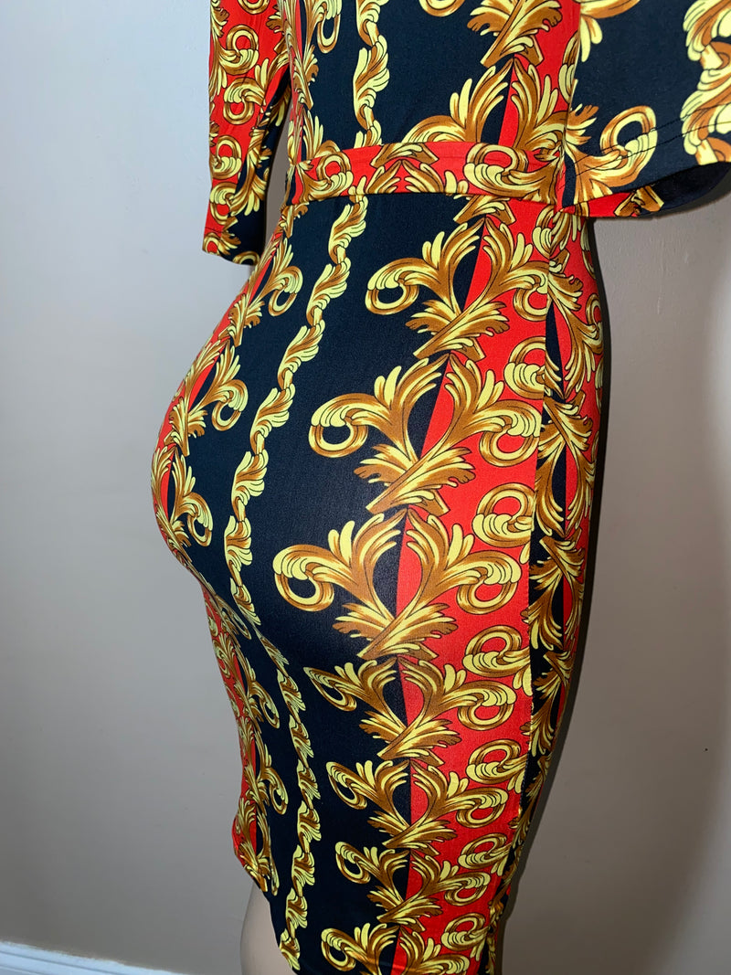 Dress- Bodycon- Golden Frills with zip front and waist tie