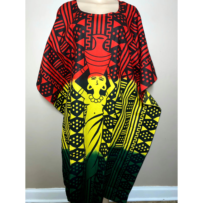 Kaftan- Rasta - African Lady on Mud cloth Print with Matching Head Wrap
