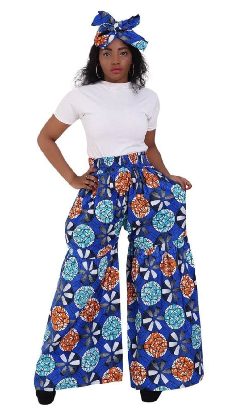 Pants Belle Bottoms - Ankara African print wide legged belle bottom layered pants with matching headwrap