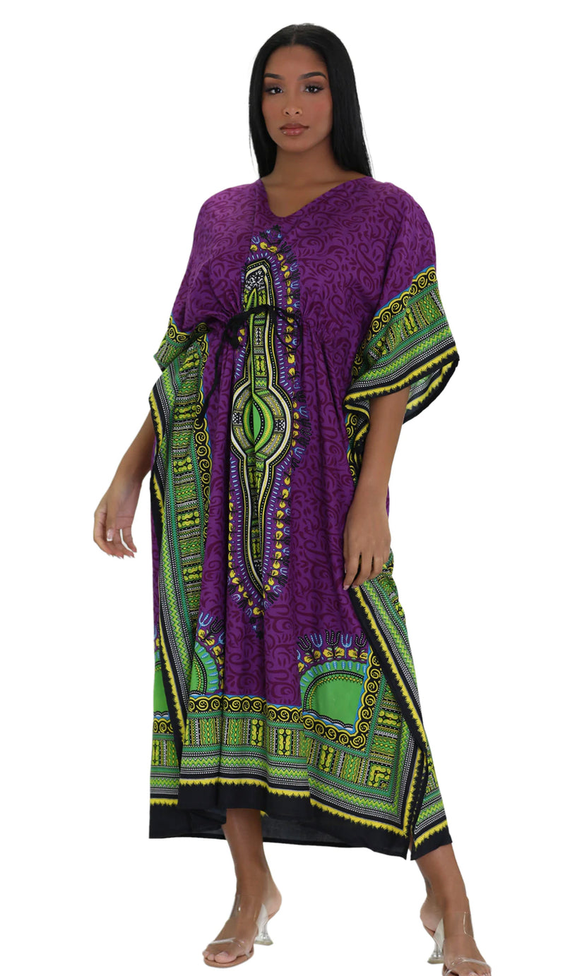 Kaftan- Traditional Dashiki and Swirls Print draw string Kaftan with Matching Head Wrap