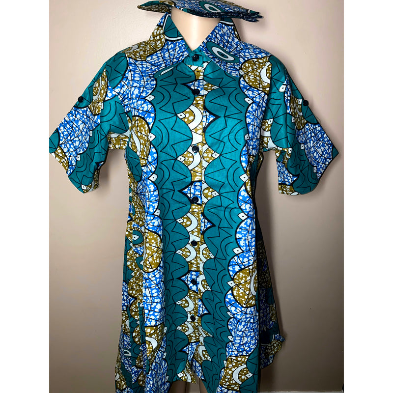 Dress Hi/Lo - Ankara Hi/Low Shirt Dress with matching head wrap/Waist Tie