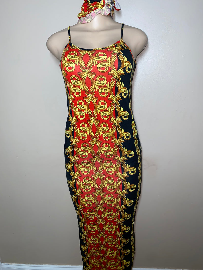 Dress- Bodycon- Golden Frills Maxi Dress with Head wrap
