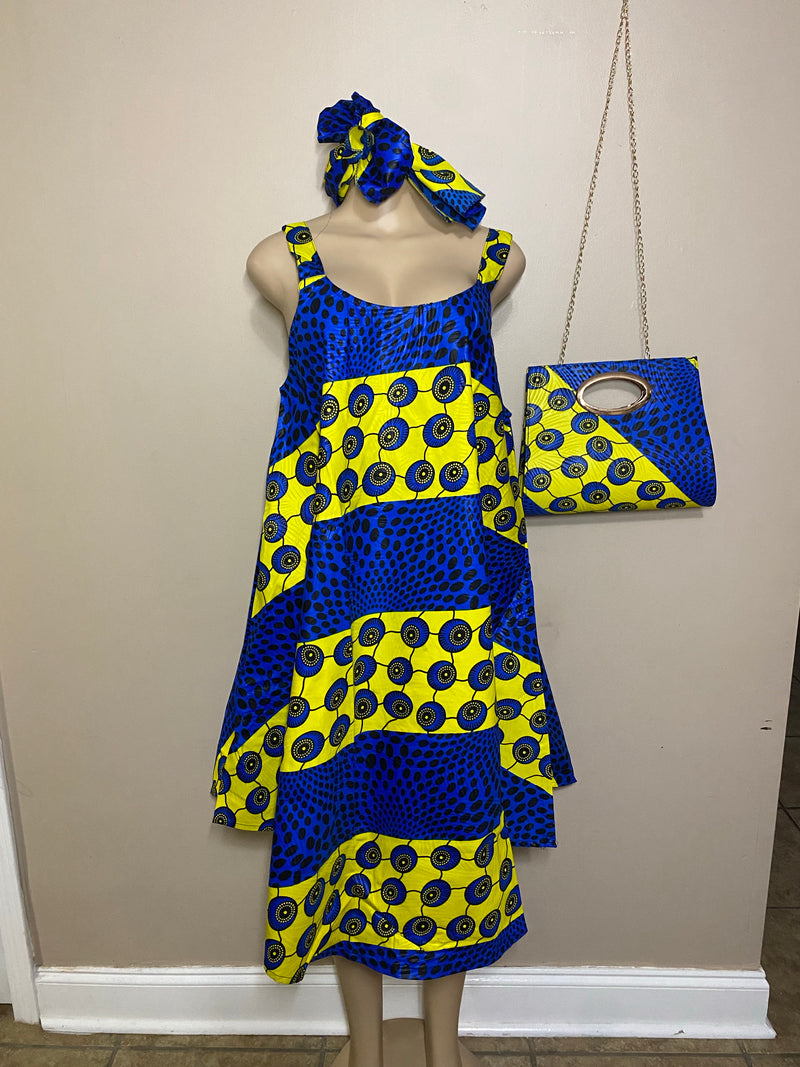 Dress Ankara - African Print Loose Fit umbrella Dress with Matching Headwrap and Purse - Afrocentric Boutique