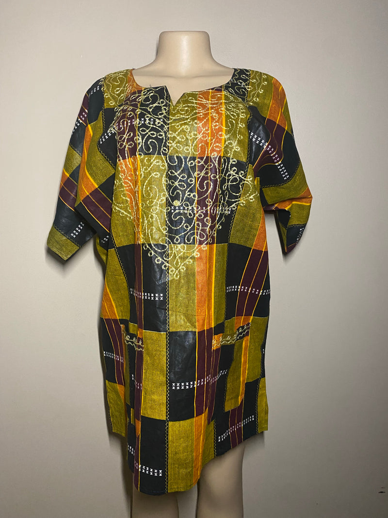 Men’s Top- Kente Block Print Short sleeve with gold embroidery - Afrocentric Boutique