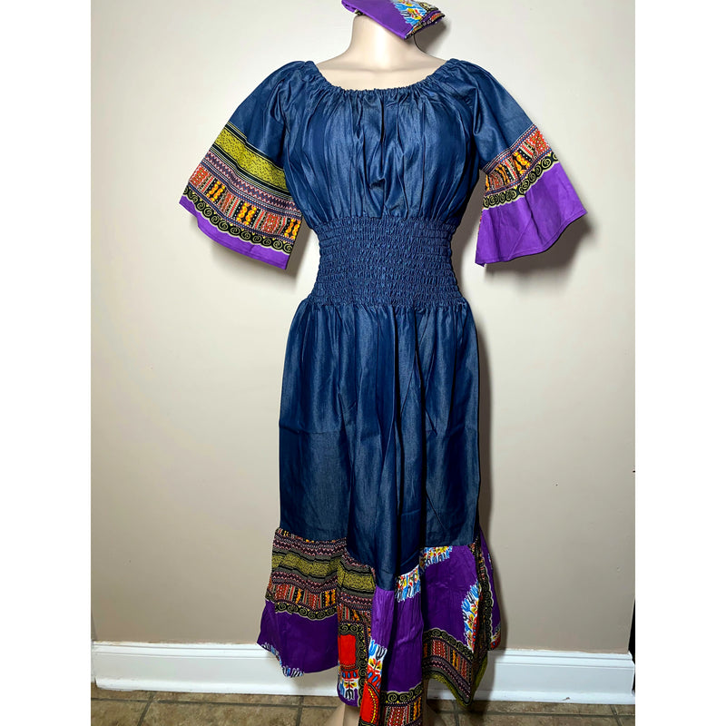 Dress Maxi- Denim and Dashiki Ruffle bottom Maxi Dress with matching head wrap