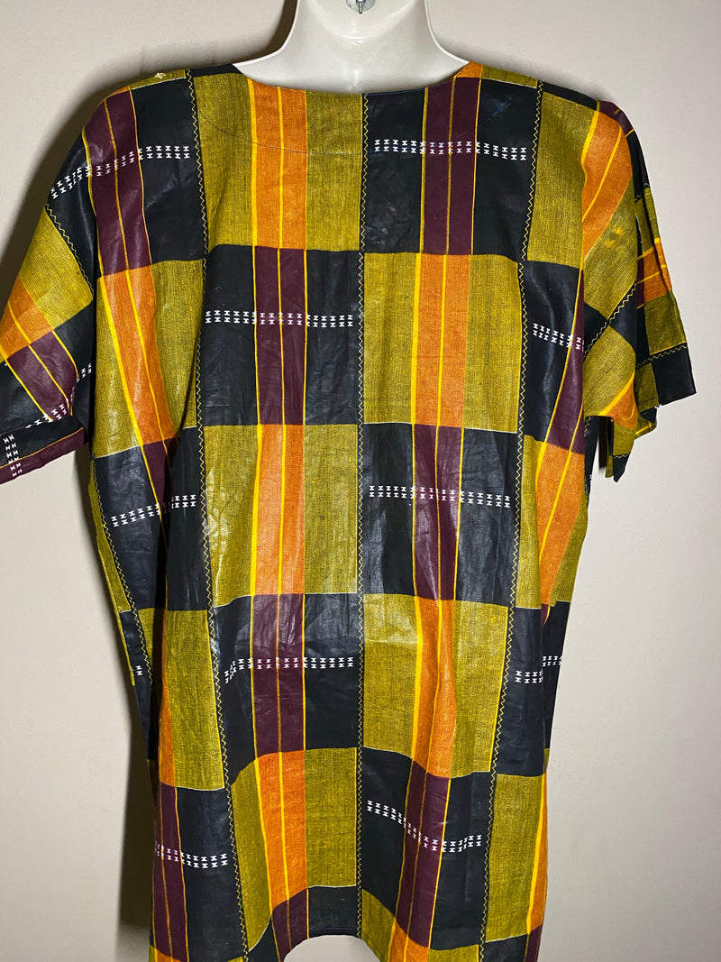 Men’s Top- Kente Block Print Short sleeve with gold embroidery - Afrocentric Boutique