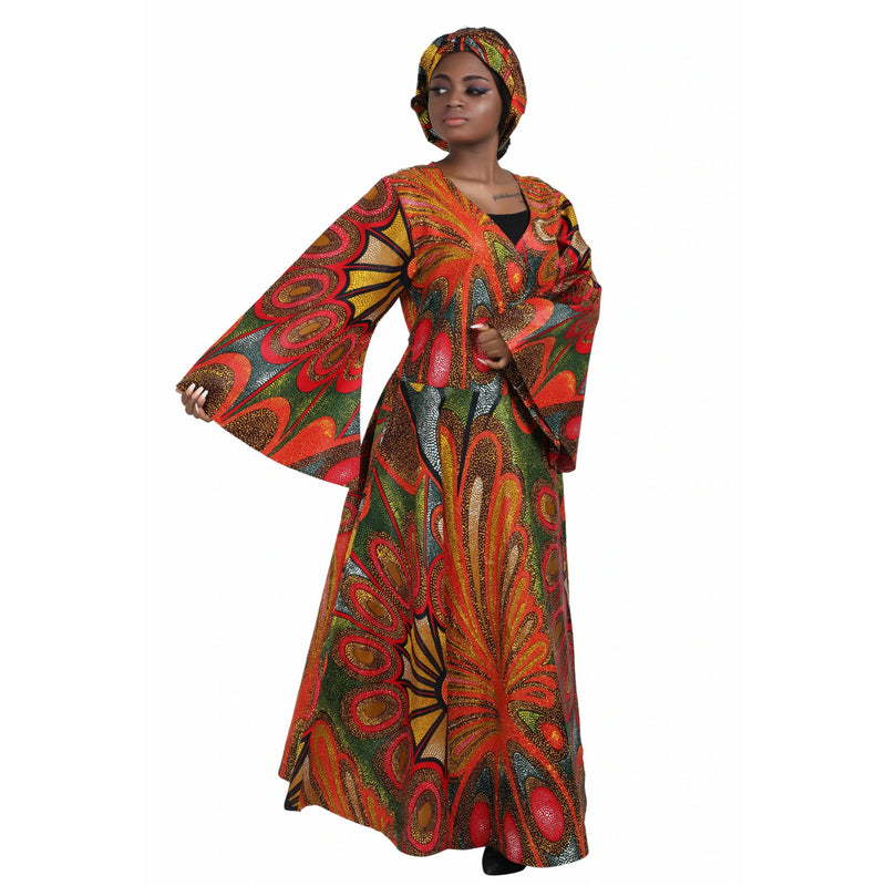 Wrap Dress- Ankara print Wrap Dress With Belle Sleeves and Matching Head Wrap
