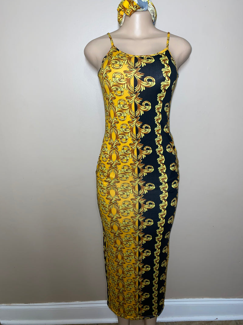 Dress- Bodycon- Golden Frills Maxi Dress with Head wrap