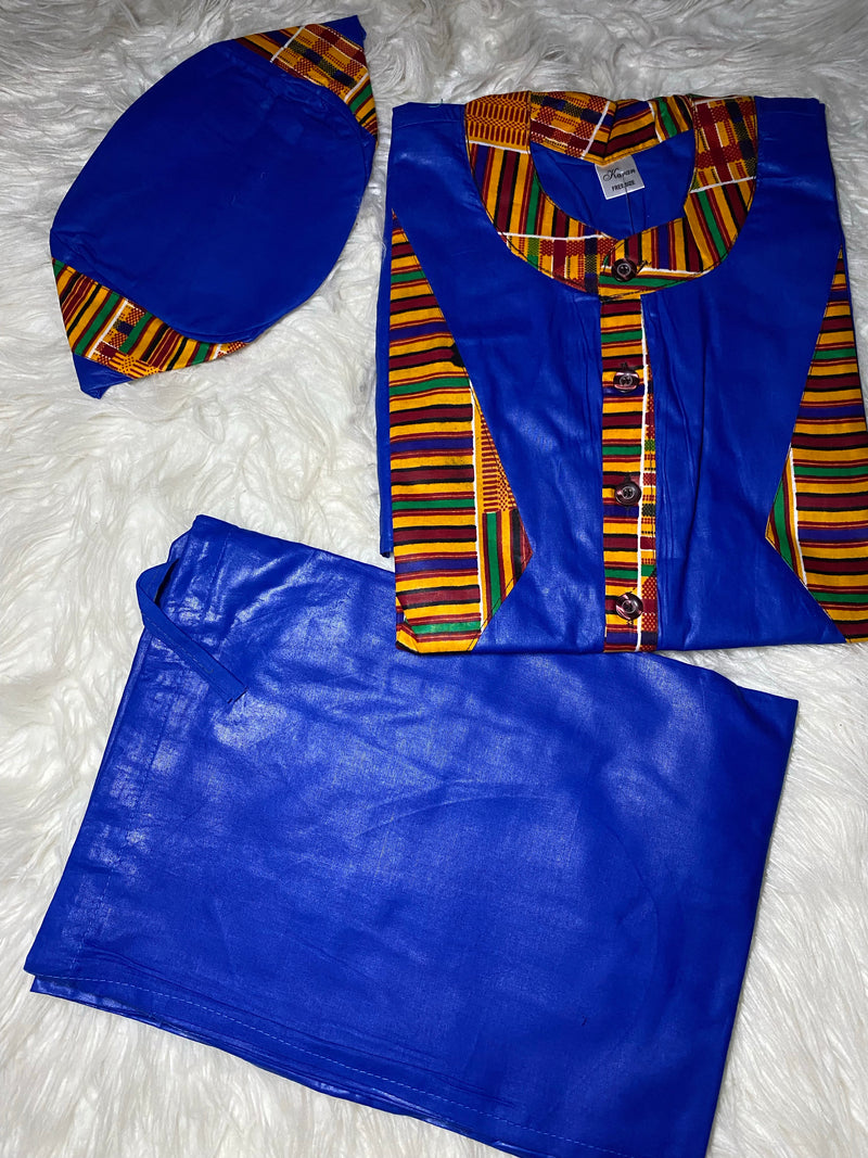 Men’s Set 4445- Kente trimmed 3pc Kurta top Set with Kufi - Afrocentric Boutique