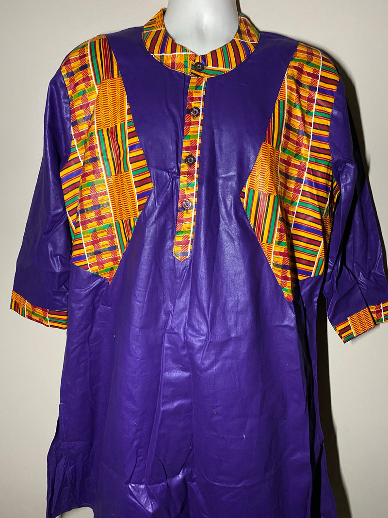 Men’s Set 4445- Kente trimmed 3pc Kurta top Set with Kufi - Afrocentric Boutique