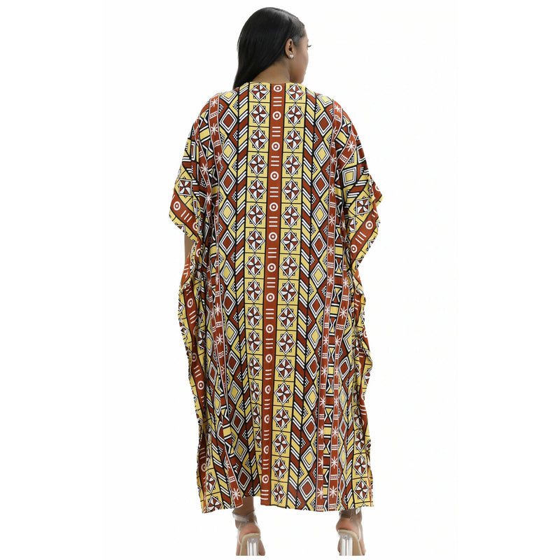 Kaftan - Tribal Mud Cloth Print Kaftan with matching head wrap - Afrocentric Boutique