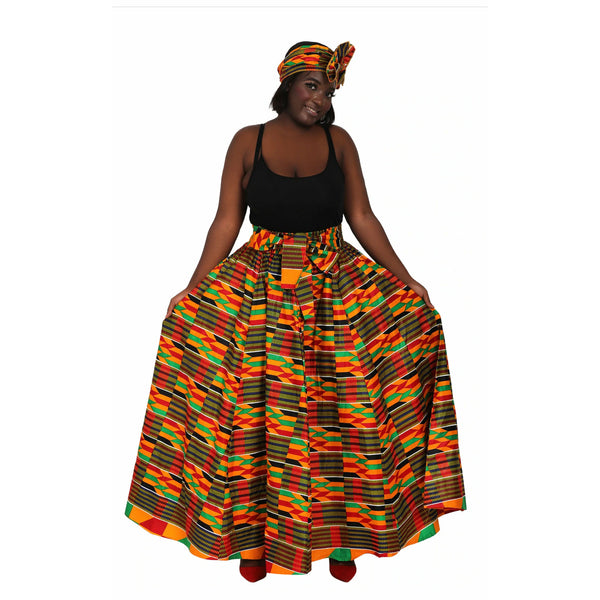 Maxi Skirt - Kente Squares - Ankara African print Maxi Skirt with matching headwrap