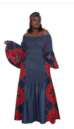 Dress - Ankara/ Denim- Mermaid Full length Dress with Belle Sleeves and matching head wrap