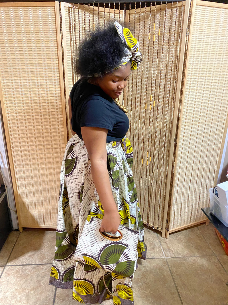 Maxi Skirt - Green Frills Maxi Skirt with matching head wrap and purse - Afrocentric Boutique