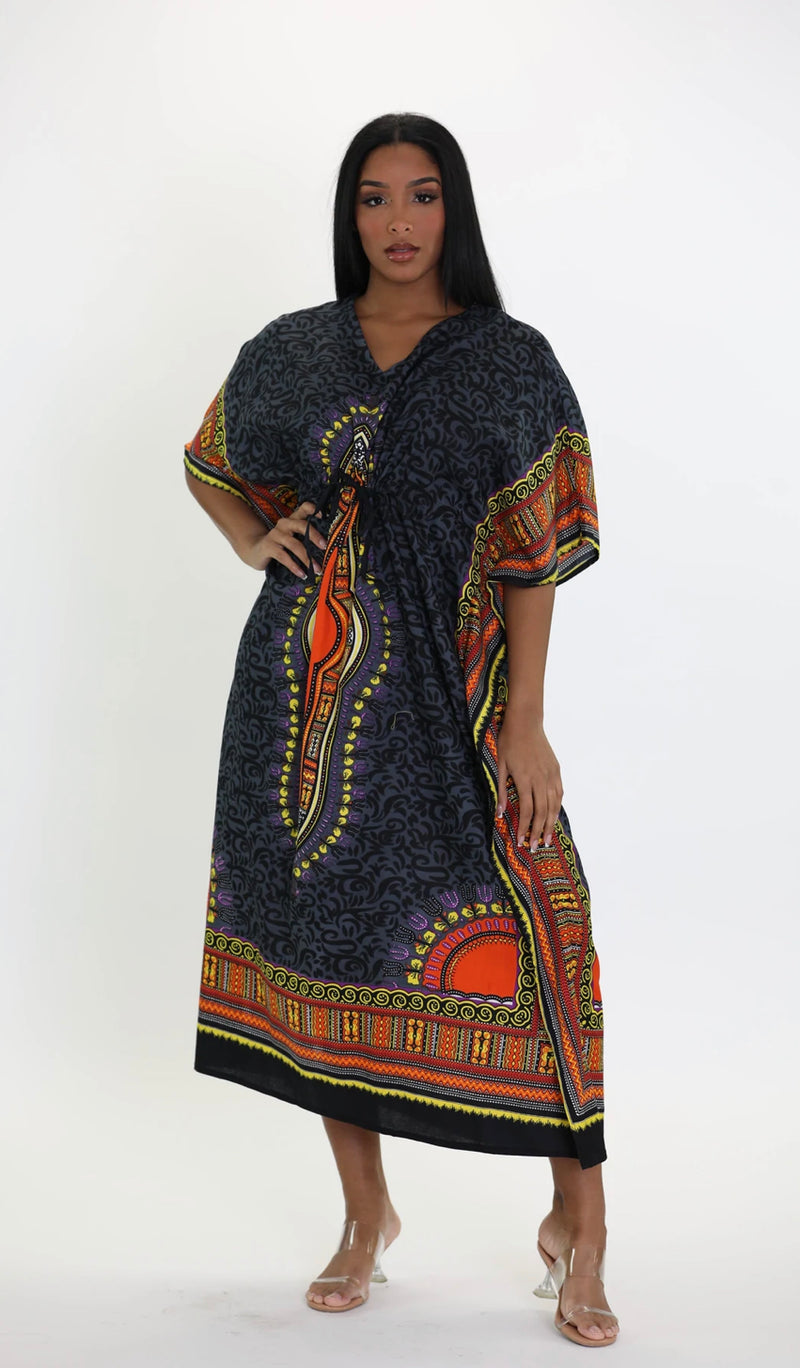 Kaftan- Traditional Dashiki and Swirls Print draw string Kaftan with Matching Head Wrap
